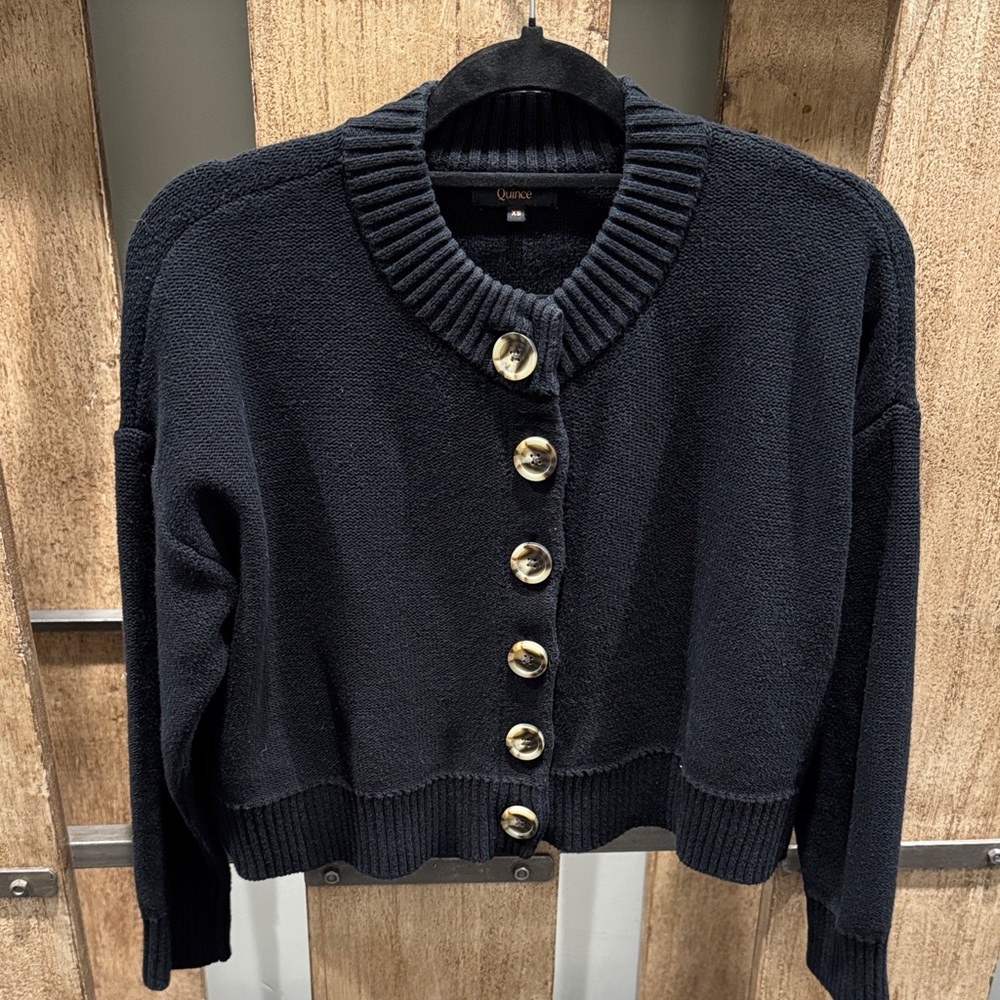 Quince Black Cropped Cardigan xs